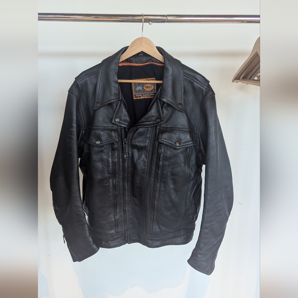 First Classic Men's Black Leather Motorcycle Jacket